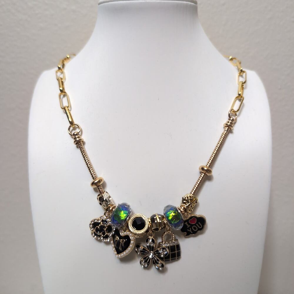 Gold Tone Charm Necklace With Multi Color Pendants
